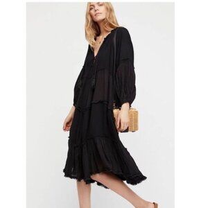 Free People In The Moment Cotton Gauze Black Tiered Midi Dress Size Small